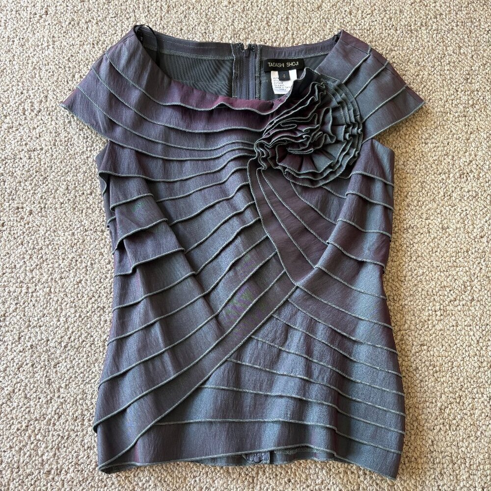 Tadashi Shoji Iridescent Ruffle Top Sz 4 Cocktail Party Evening Luxury Chic Glam - Picture 2 of 6